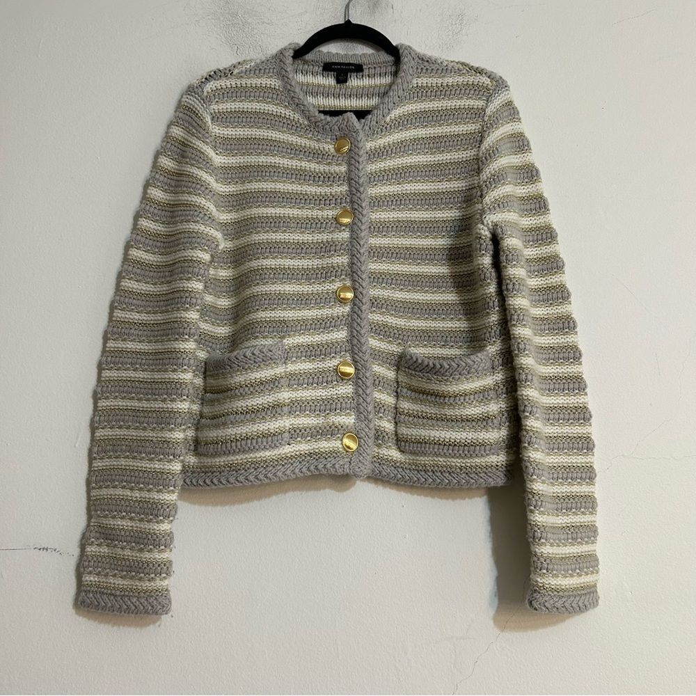 Ann Taylor Lurex Tweed Striped Purple Metallic Cardigan Blazer Jacket Preppy